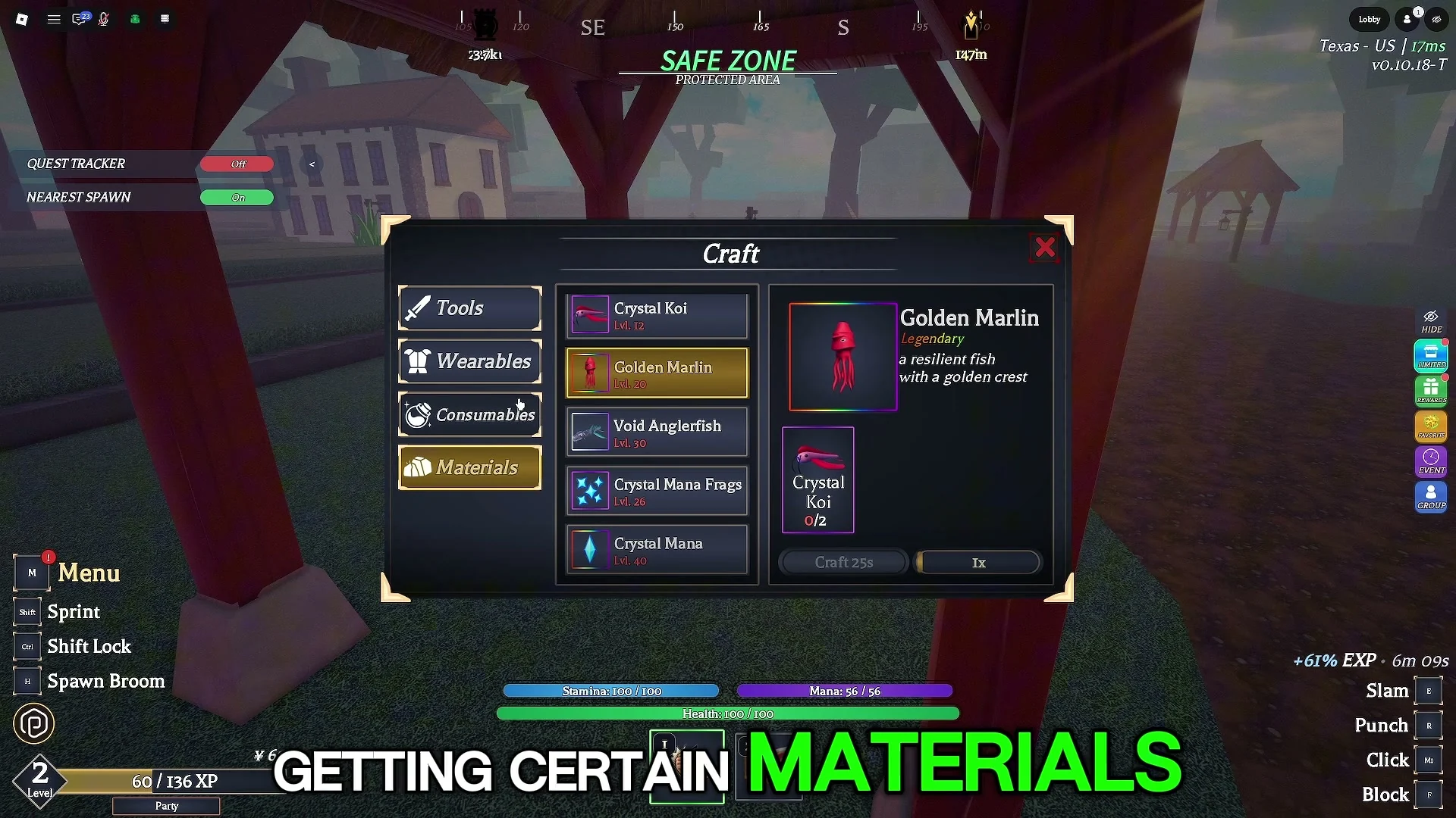 Materials is selected in Craft. Golden Marlin is selected and marked Lvl. 20. The ingredient panel says Crystal Koi 0/2, with a Craft 25s control and 1x selection.