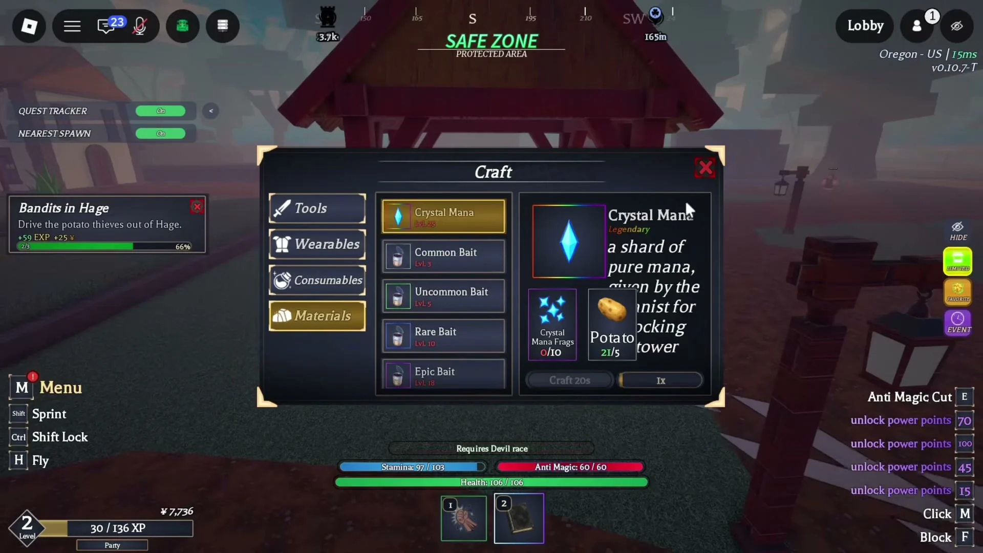 Crystal Mana crafting panel showing ten fragments and five potatoes.