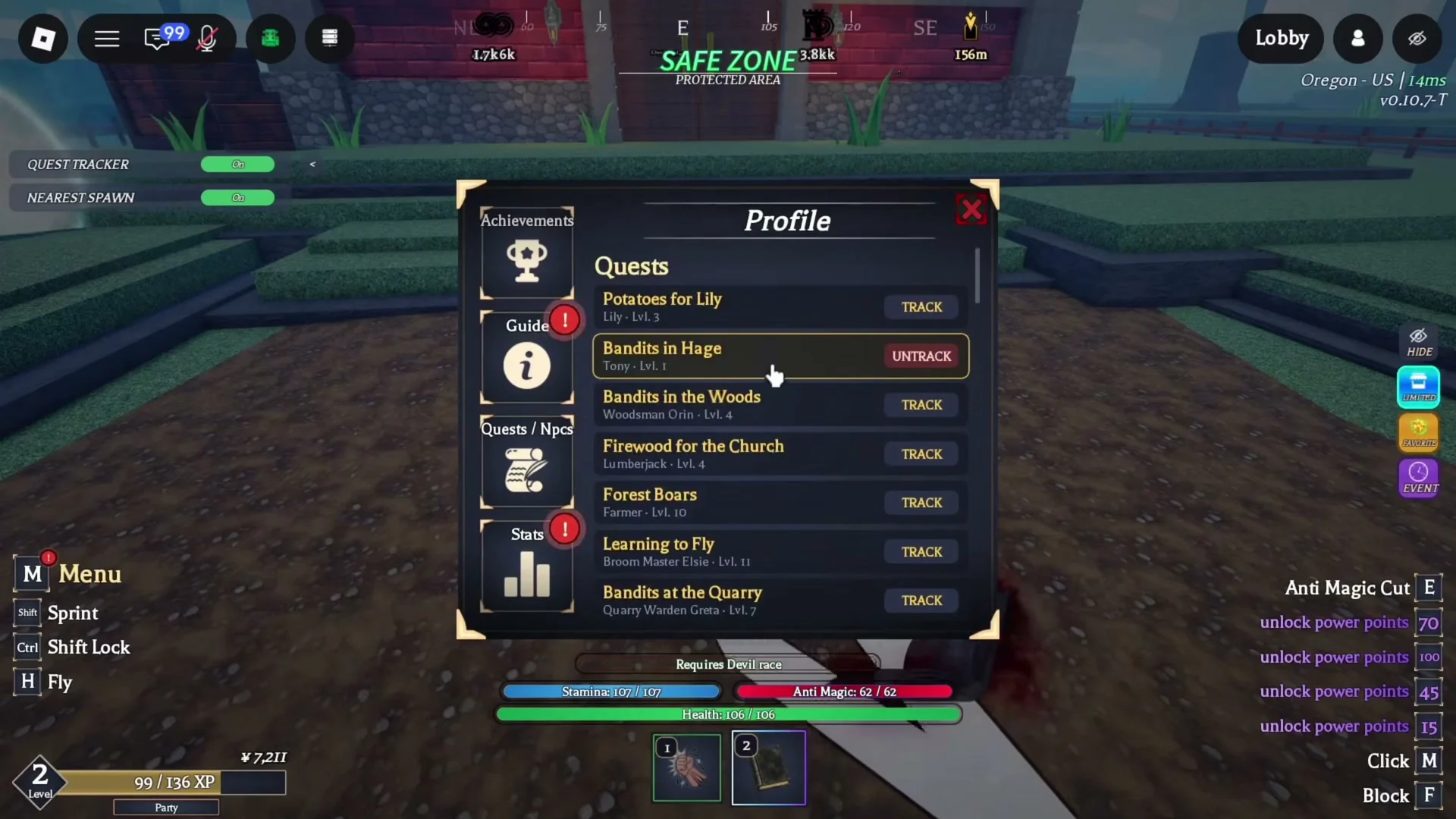 Quest tracker with Lily, Tony, Woodsman Orin, Lumberjack, Farmer, Broom Master Elsie and Quarry Warden Greta.