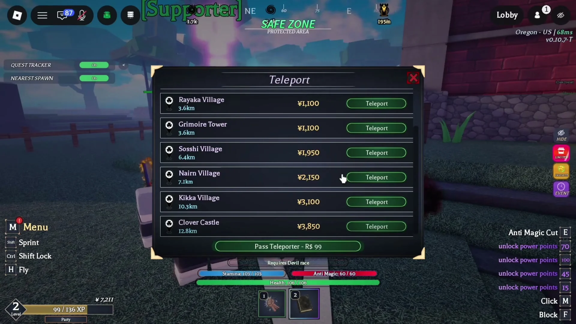 Finral teleport destination list with six named locations.