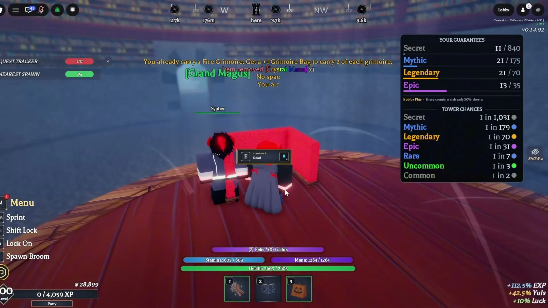 The E / Read prompt includes a crystal icon x1. Above it, a notification says Item removed [Crystal Mana] x1. The right panel is labelled YOUR GUARANTEES and TOWER CHANCES. It explicitly says Roblox Plus: these counts are already 30% shorter.