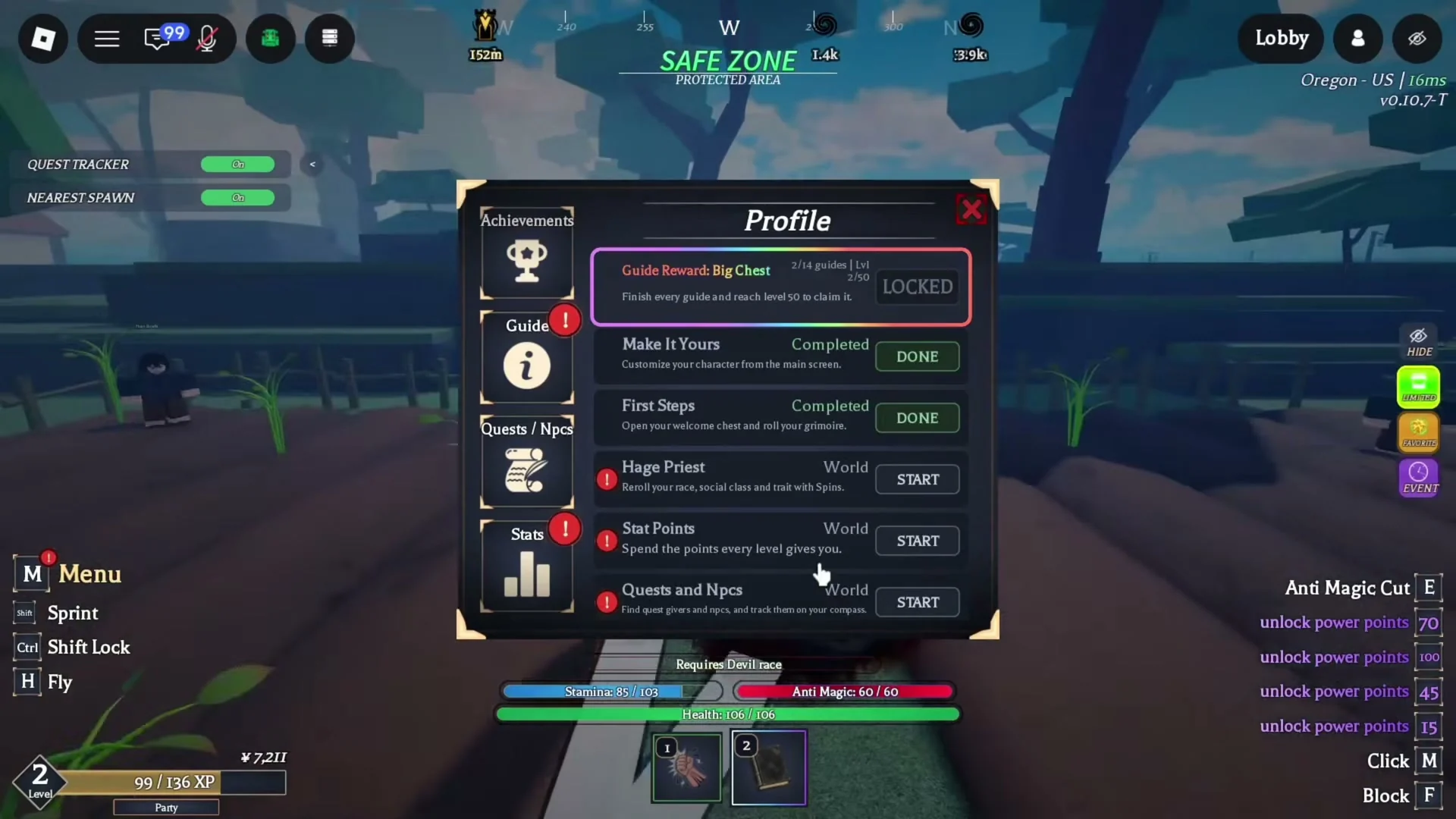 The Profile Guide panel says Guide Reward: Big Chest, 2/14 guides, Lvl 2/50, and Finish every guide and reach level 50 to claim it. Visible tasks include Make It Yours, First Steps, Hage Priest, Stat Points, and Quests and Npcs.