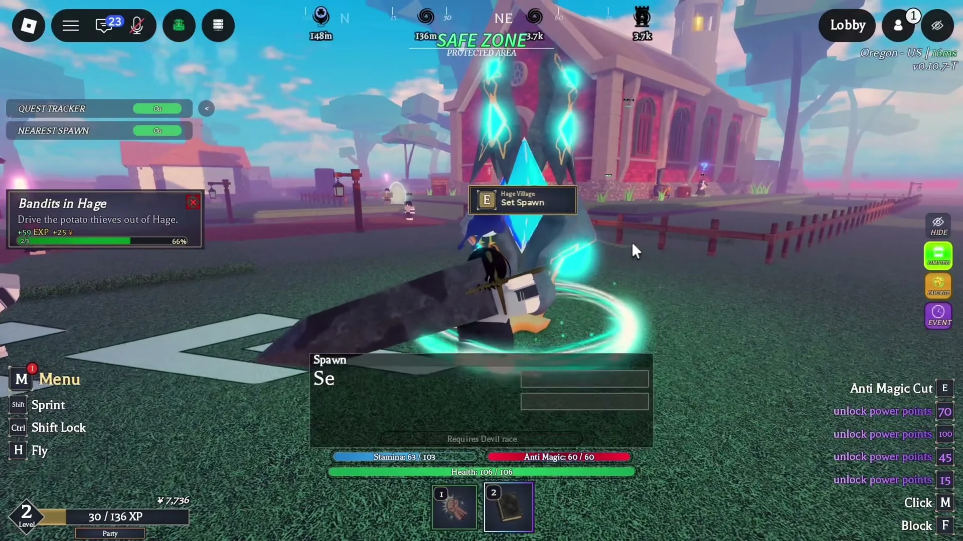 The cyan crystal in front of the church has a Hage Village / Set Spawn interaction prompt with the E key.