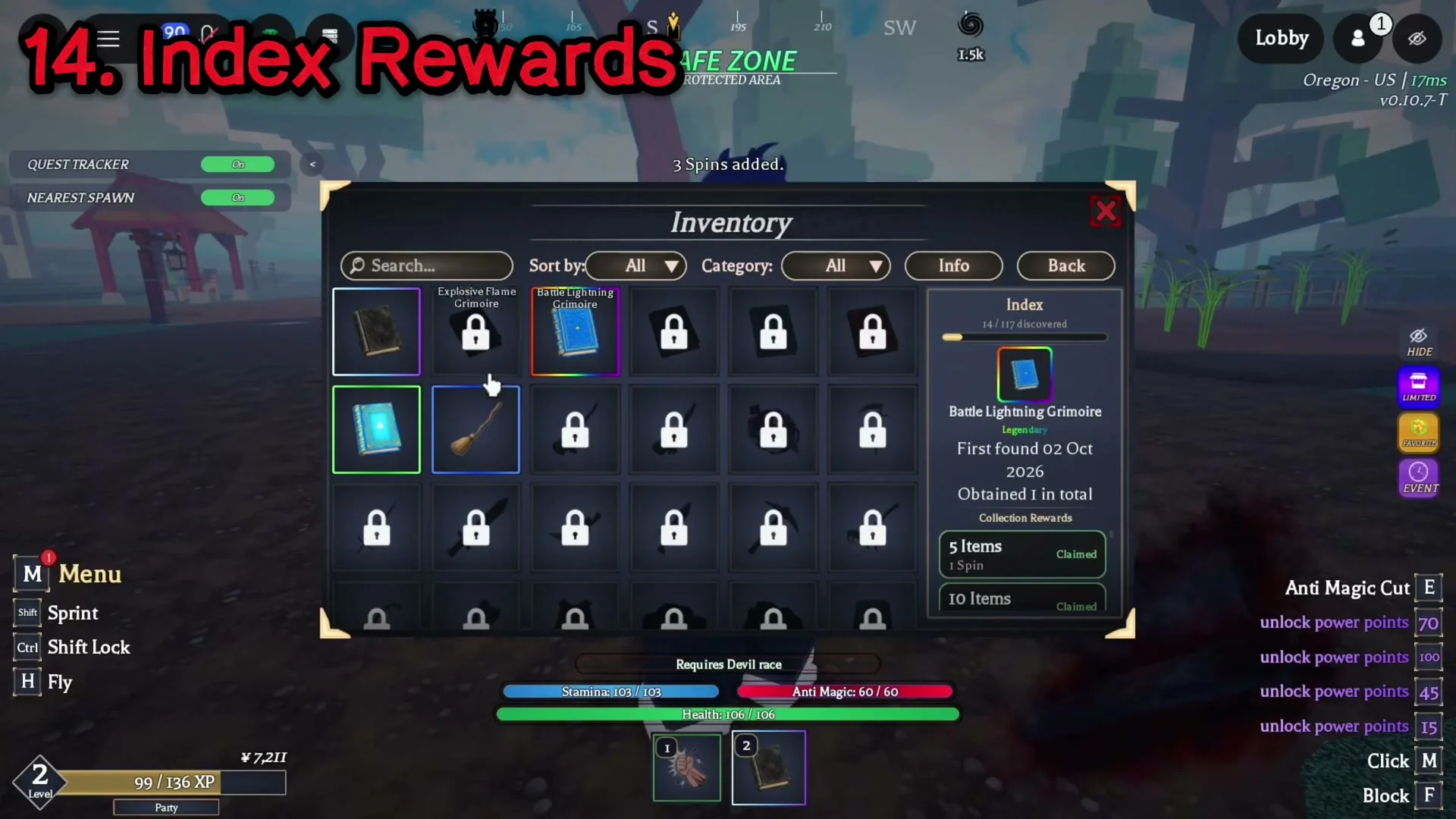 Inventory Index with discovered items and collection reward milestones.
