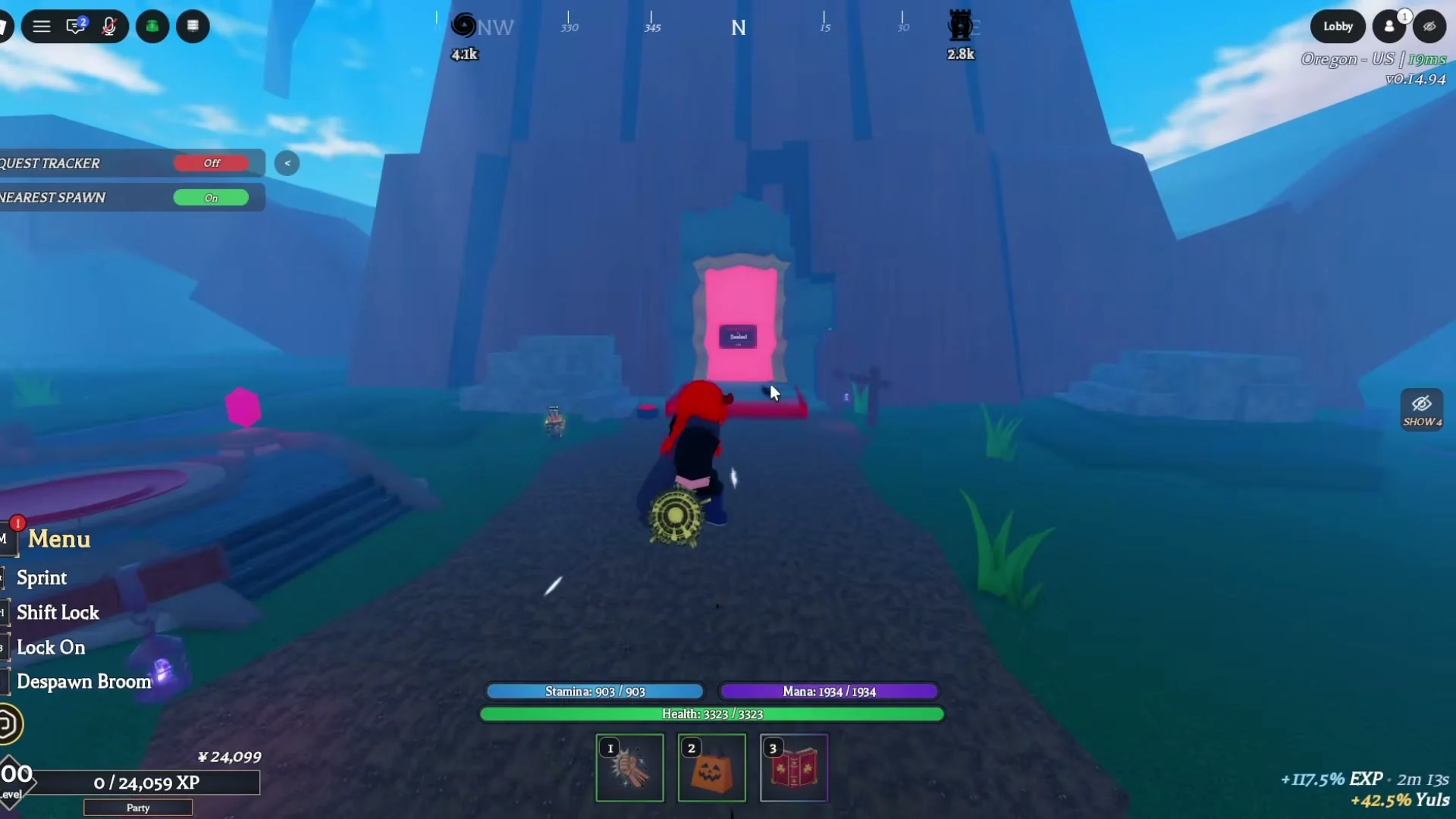A tree-trunk structure has a bright pink entrance labelled Sealed. The player is airborne with Despawn Broom in the control list. Pink crystals and a round platform are beside the path.