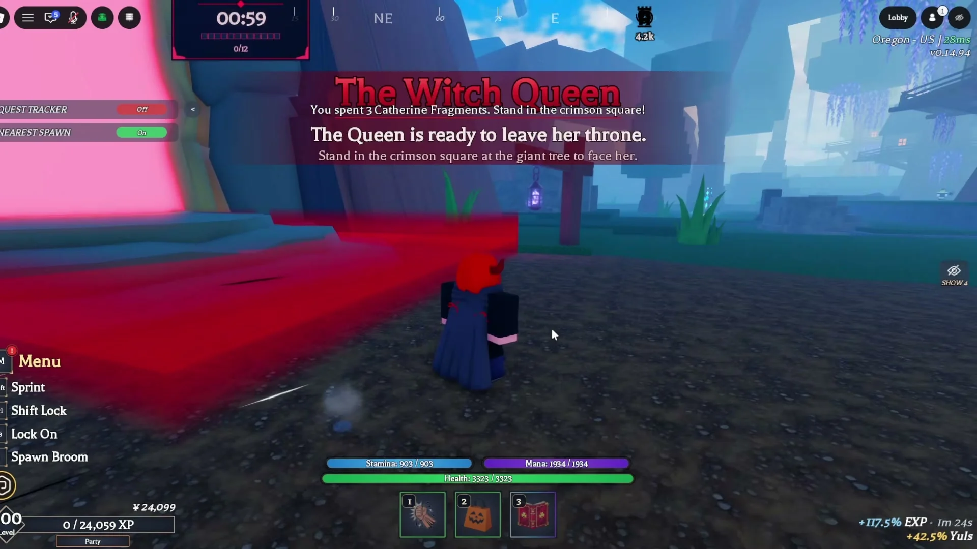 Witch Queen announcement directing players to the crimson square at the giant tree.
